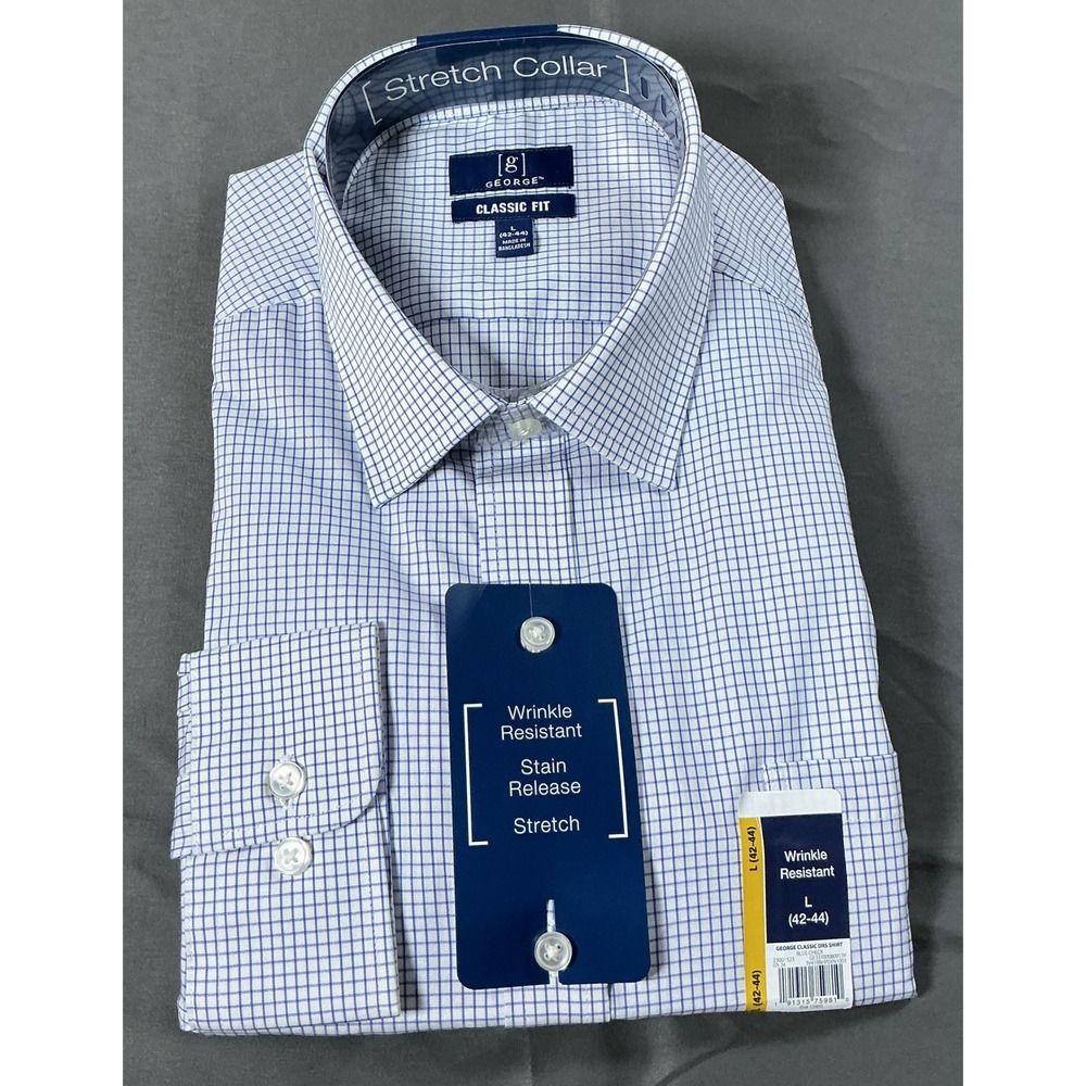 George Mens Classic Fit Dress Shirt Blue Check Wrinkle Resistant Stretch L 42-44